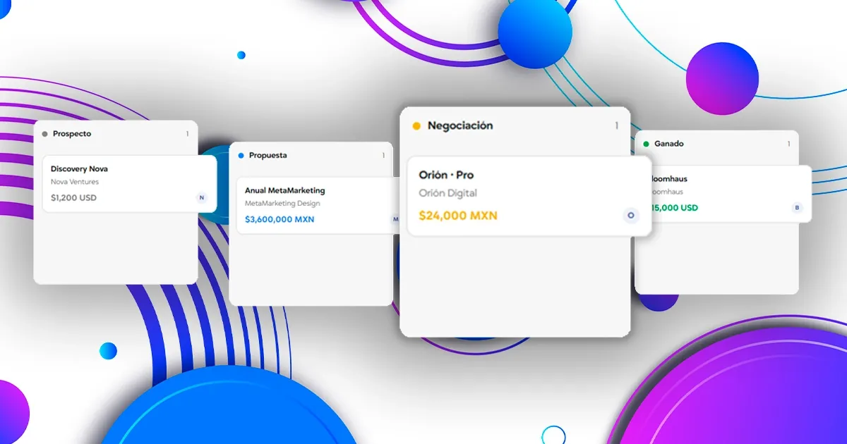 Pipeline visual de ventas con tarjetas kanban organizadas por etapa